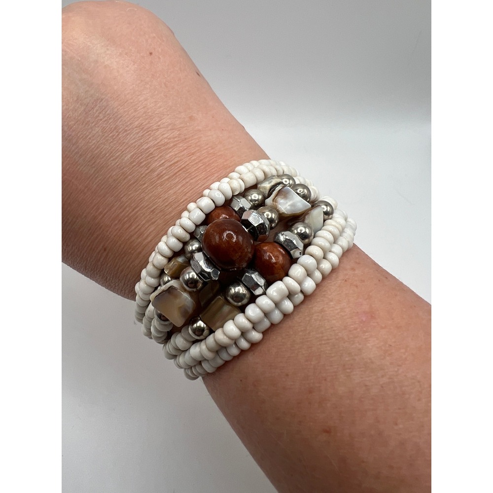 Beaded Cuff Bracelet White Wood Shell‎ Boho Coastal Beachy 7-7.5"